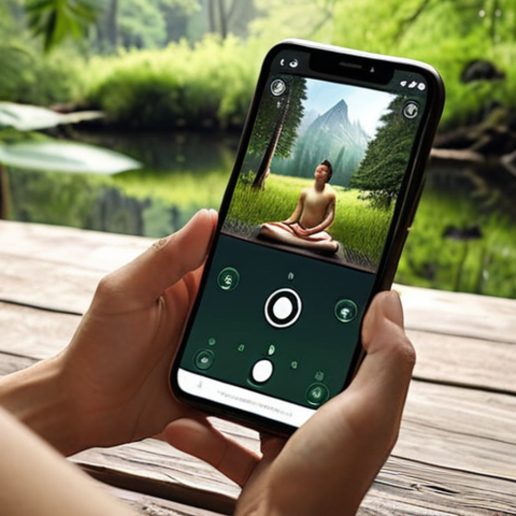 ** A person meditating with a meditation app open on a smartphone, surrounded by calming nature imagery. Focus on a serene and peaceful atmosphere.

**