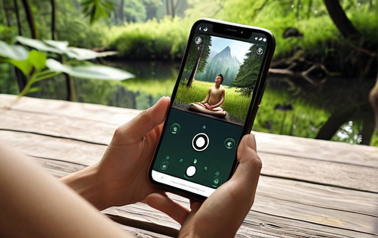 ** A person meditating with a meditation app open on a smartphone, surrounded by calming nature imagery. Focus on a serene and peaceful atmosphere.
**
