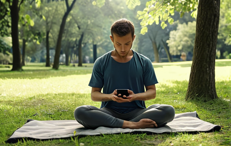 **
A person meditating in a peaceful park, surrounded by nature, while putting their smartphone away. Soft, natural lighting. The feeling of tranquility and mindfulness in a digital detox.
**