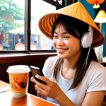 ** A young Vietnamese woman sitting in a bustling Saigon coffee shop, wearing headphones and smiling slightly. Her phone is on the table, displaying a podcast app. Sunlight streams through the window, illuminating the cafe's vibrant atmosphere. The background subtly shows iconic Vietnamese imagery (e.g., a conical hat, a bowl of pho).

**