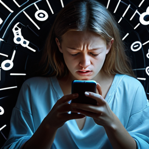 Home 21 **Prompt 1: Digital Overwhelm**
"A person with a fatigued and overwhelmed expression, face illuminated by the bright glow of a smartphone. The screen displays an endless, chaotic cascade of social media feeds, notifications, and short video clips, visually representing 'endless scroll' and 'notification overload.' The background is blurry and dark, emphasizing isolation and mental exhaustion. The overall mood is anxious, depicting the negative impacts of traditional tech use like sleep deprivation and digital addiction. Cinematic, hyperrealistic."