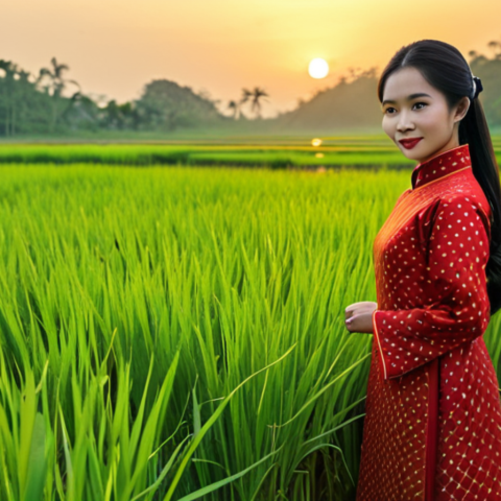 **

"A Vietnamese woman in a traditional Ao Dai, standing in a lush rice paddy field during golden hour, fully clothed, modest dress, safe for work, perfect anatomy, correct proportions, natural pose, professional photography, high quality, family-friendly scene, appropriate content."

**