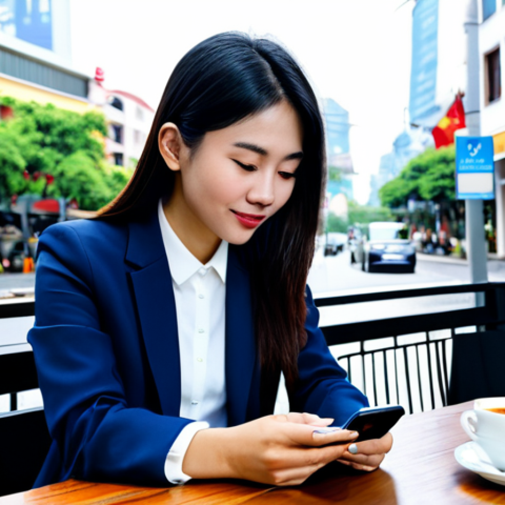 **Prompt:** A Vietnamese woman in modest, professional office attire, using a budgeting app on her smartphone, sitting at a cafe table with a cup of coffee, city background, fully clothed, safe for work, appropriate content, perfect anatomy, natural proportions, professional, family-friendly, well-formed hands, proper finger count.