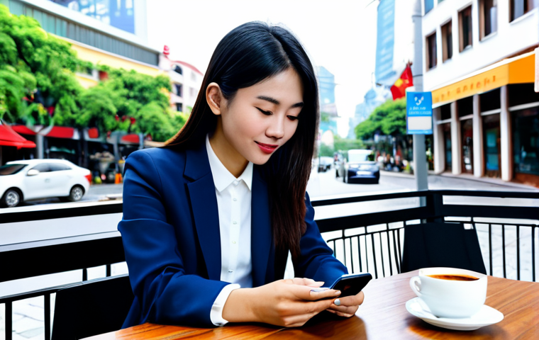 **Prompt:** A Vietnamese woman in modest, professional office attire, using a budgeting app on her smartphone, sitting at a cafe table with a cup of coffee, city background, fully clothed, safe for work, appropriate content, perfect anatomy, natural proportions, professional, family-friendly, well-formed hands, proper finger count.