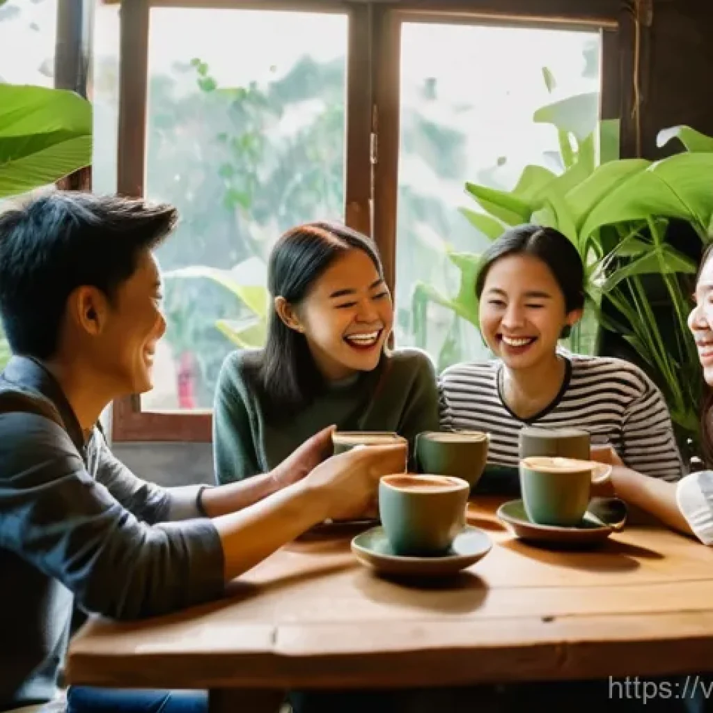 마인드풀테크와 사회적 책임 - **Prompt:** A group of diverse Vietnamese friends, both men and women in their 20s and 30s, gathered...