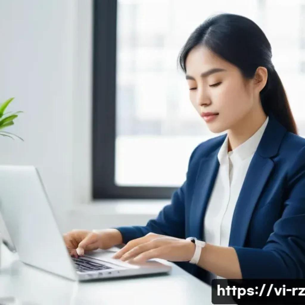마인드풀테크와 안전 관리 - A modern Vietnamese office setting with a young professional woman practicing mindful breathing whil...
