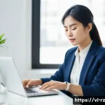 마인드풀테크와 안전 관리 - A modern Vietnamese office setting with a young professional woman practicing mindful breathing whil...