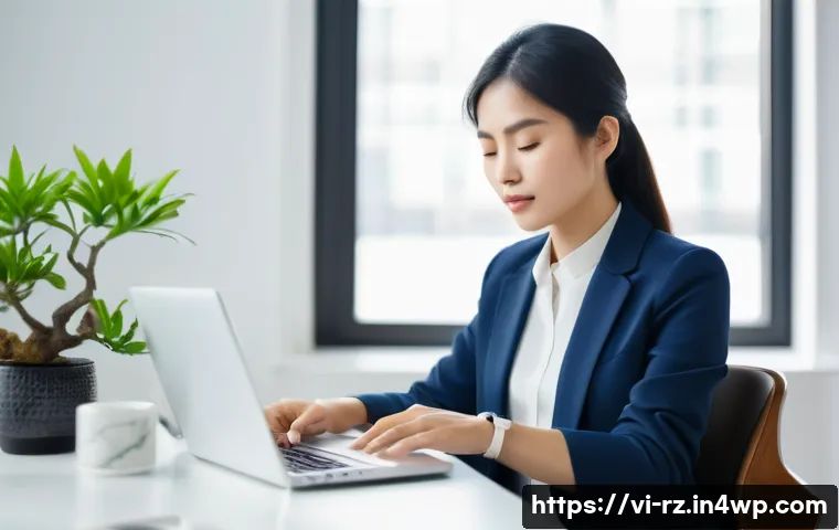 마인드풀테크와 안전 관리 - A modern Vietnamese office setting with a young professional woman practicing mindful breathing whil...