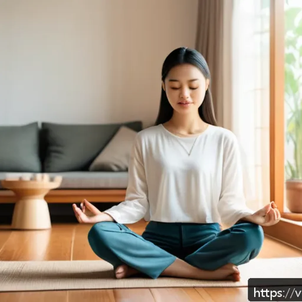 마인드풀테크 활용을 위한 앱 추천 - A young Vietnamese woman sitting peacefully on a wooden floor in a modern, cozy living room, using a...