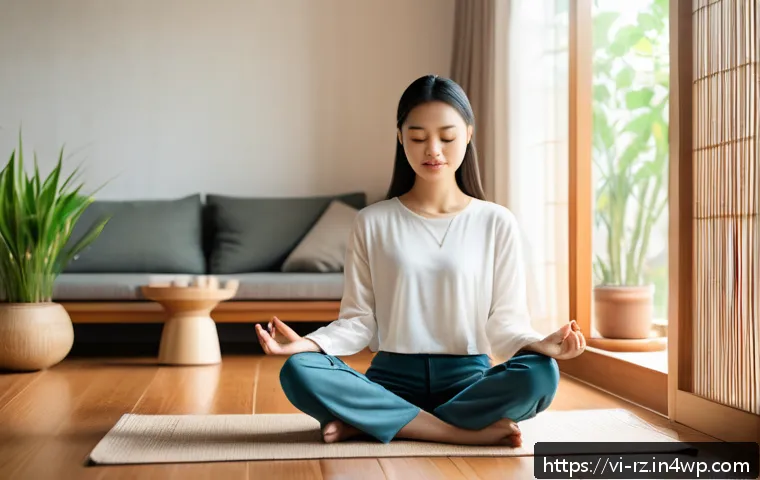 마인드풀테크 활용을 위한 앱 추천 - A young Vietnamese woman sitting peacefully on a wooden floor in a modern, cozy living room, using a...