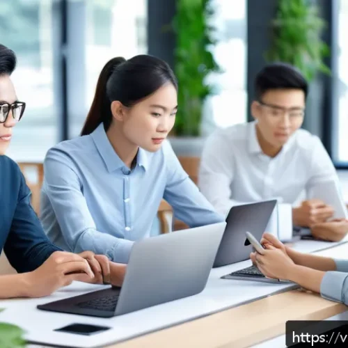 마인드풀테크의 기술적 요소 - A modern Vietnamese office scene showing a diverse group of young professionals using smart devices ...