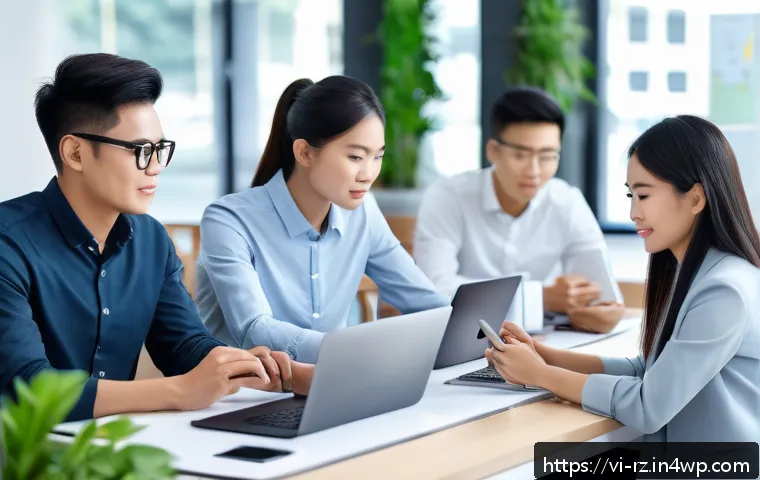 마인드풀테크의 기술적 요소 - A modern Vietnamese office scene showing a diverse group of young professionals using smart devices ...