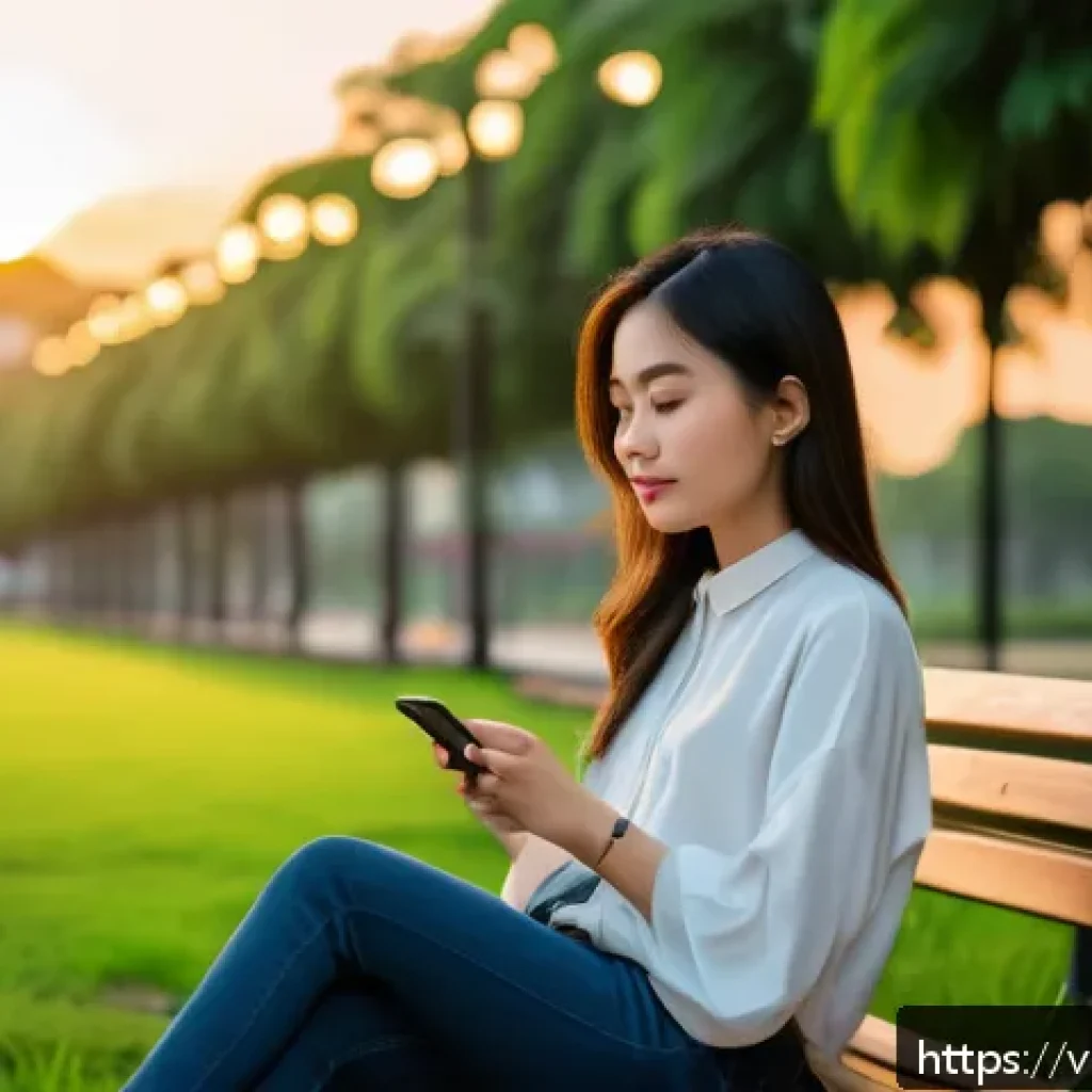 마인드풀테크의 장단점 - A young Vietnamese woman sitting peacefully in a modern urban park at sunset, using a smartphone min...
