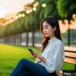 마인드풀테크의 장단점 - A young Vietnamese woman sitting peacefully in a modern urban park at sunset, using a smartphone min...
