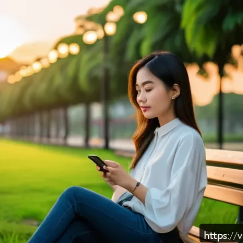 마인드풀테크의 장단점 - A young Vietnamese woman sitting peacefully in a modern urban park at sunset, using a smartphone min...