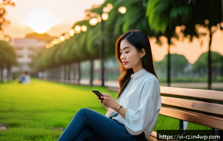 마인드풀테크의 장단점 - A young Vietnamese woman sitting peacefully in a modern urban park at sunset, using a smartphone min...