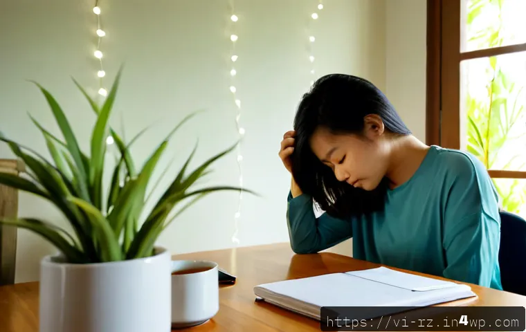 Home 17 마인드풀테크와 뇌 과학 - Photorealistic Vietnamese woman in her 30s practicing mindful breathing at a clean home-office desk,...